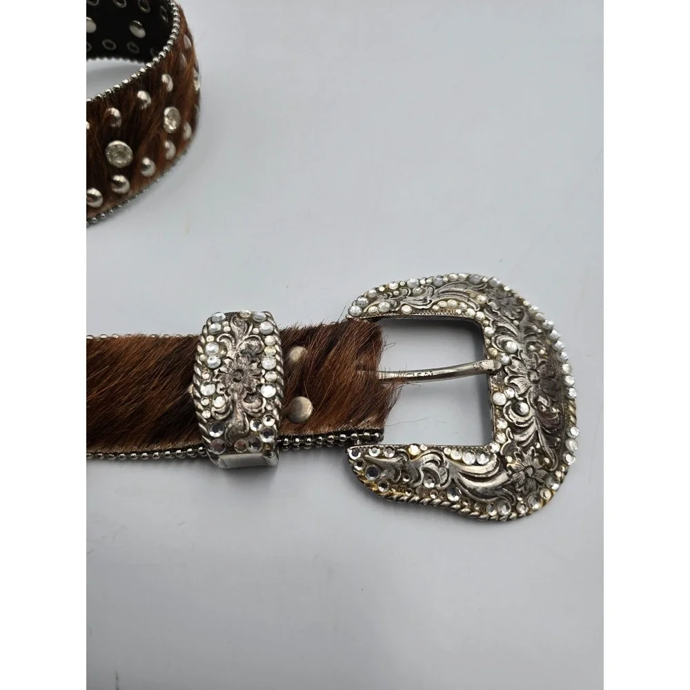 Nocona Belt Western Womens M Brown Studded Rhinestone Calf Hair Leather